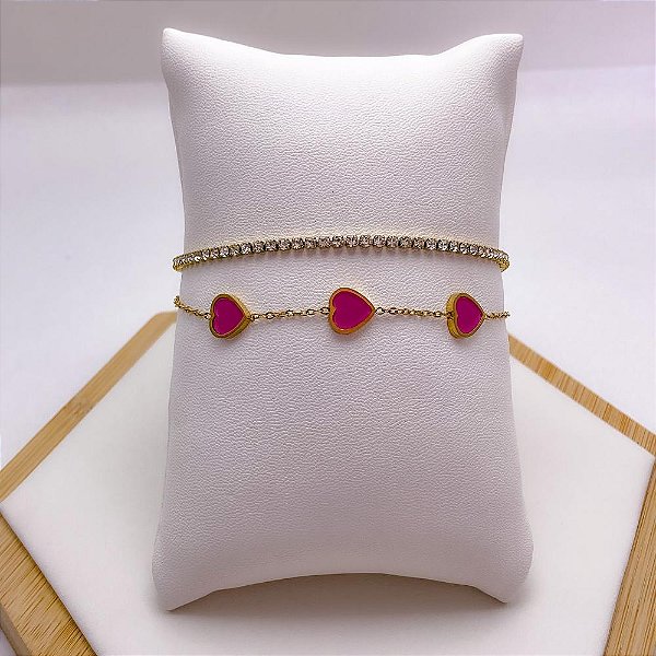 PULSEIRA AÇO INOX DUPLA CRISTAL E CORAÇÃO ROSA - DOURADA