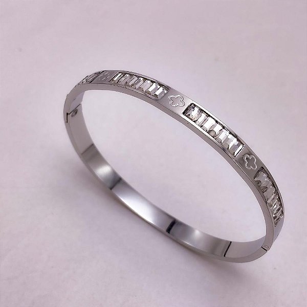 BRACELETE AÇO INOX TREVO CRAVEJADO NAVETE CRISTAL- PRATEADO