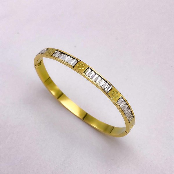BRACELETE AÇO INOX TREVO CRAVEJADO NAVETE CRISTAL- DOURADO