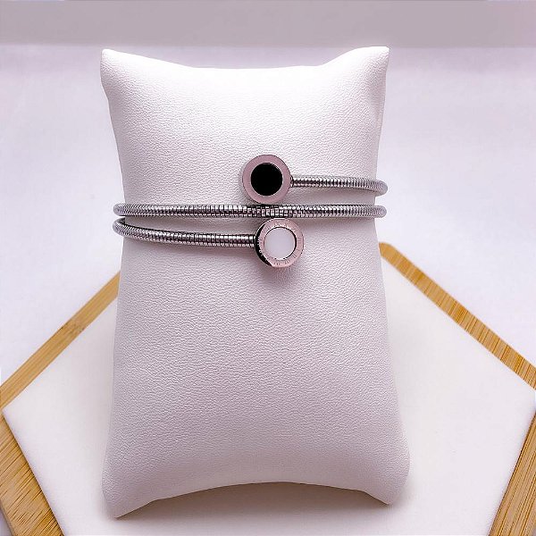 BRACELETE  AÇO INOX ALGARISMOS ROMANOS PRETO E PEROLADO - PRATEADO