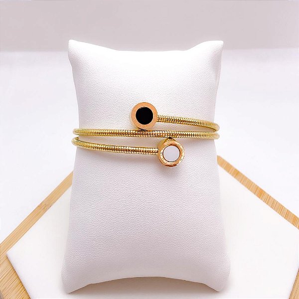 BRACELETE  AÇO INOX ALGARISMOS ROMANOS PRETO E PEROLADO - DOURADO