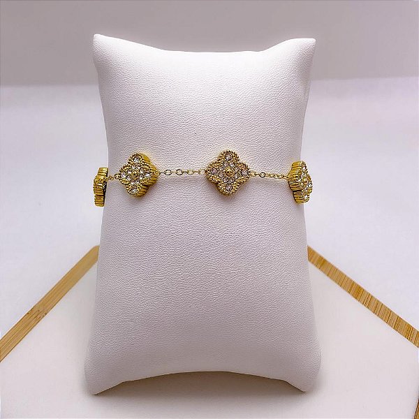 PULSEIRA  AÇO INOX TREVO CRAVEJADO - DOURADA