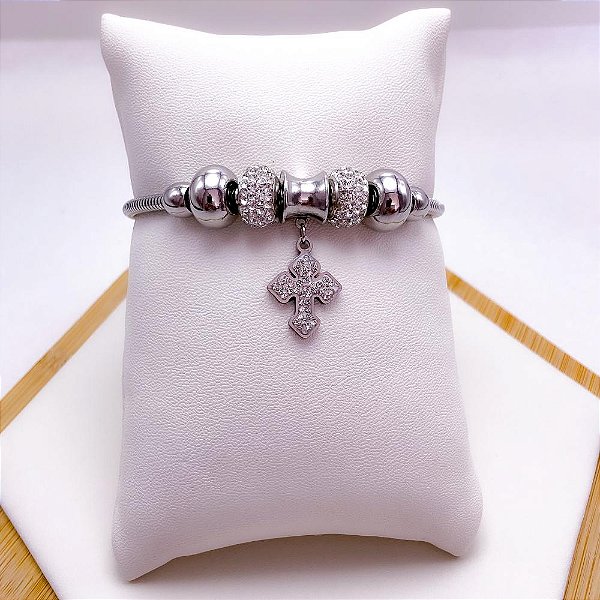PULSEIRA  AÇO INOX ESTILO PANDORA BERLOQUE CRUZ CRAVEJADO - PRATEADA