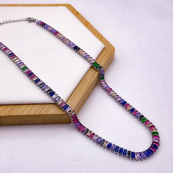 COLAR AÇO INOXIDÁVEL 45 CM RIVIERA BAGUETE COLORIDO - PRATEADO