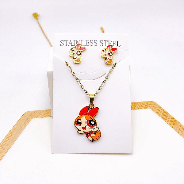 CONJUNTO COLAR  E BRINCO AÇO INOXIDÁVEL  MENINAS SUPER PODEROSAS - DOURADO