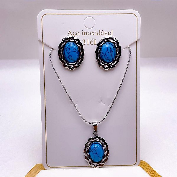 CONJUNTO COLAR E BRINCO AÇO INOXIDAVEL PEDRA TURQUESA - PRATEADO