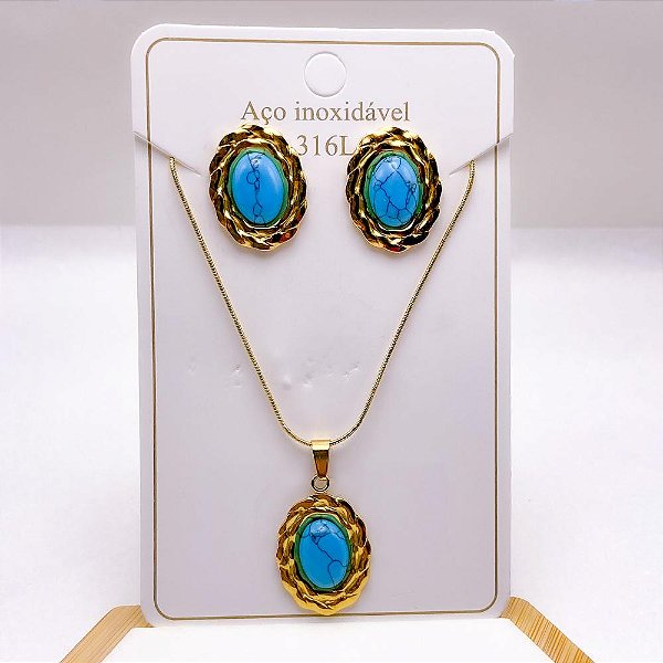 CONJUNTO COLAR E BRINCO AÇO INOXIDAVEL PEDRA TURQUESA - DOURADO