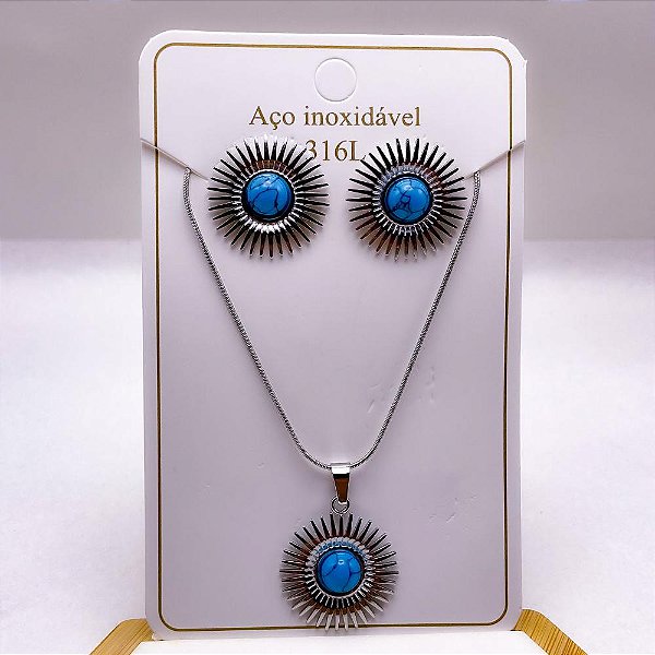 CONJUNTO COLAR E BRINCO AÇO INOXIDAVEL PINGENTE RAIOS DE SOL PEDRA TURQUESA - PRATEADO