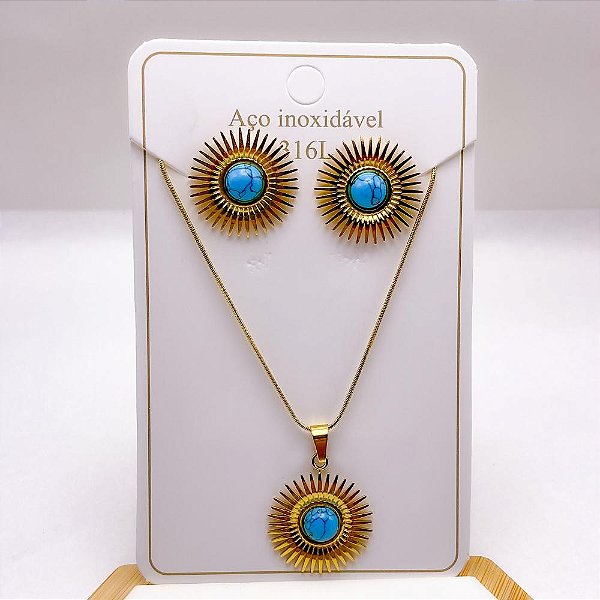 CONJUNTO COLAR E BRINCO AÇO INOXIDAVEL PINGENTE RAIOS DE SOL PEDRA TURQUESA - DOURADO