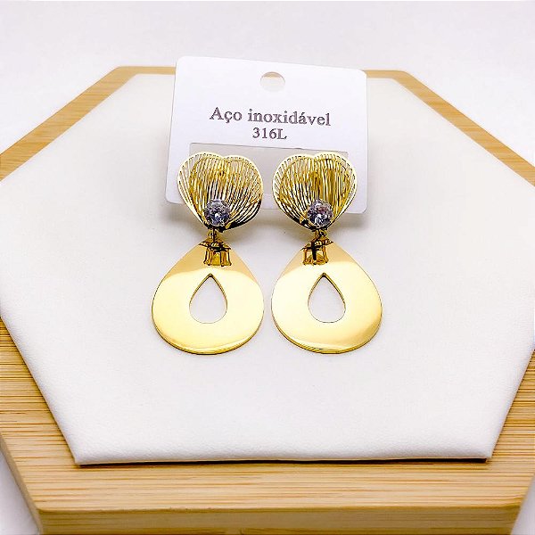 BRINCO AÇO INOX  FOLHA COM PEDRA CRISTAL - DOURADO