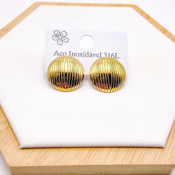 BRINCO AÇO INOX  BOTÃO COM DETALHES - DOURADO