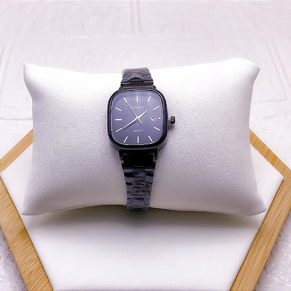 RELÓGIO VINTAGE AÇO INOXIDAVEL FEMININO FUNDO PRETO - PRETO