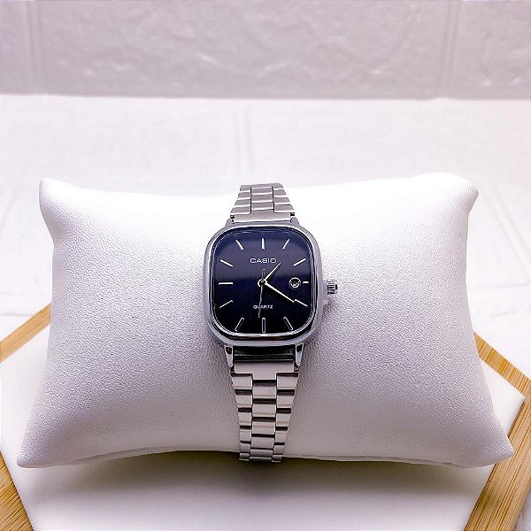 RELÓGIO VINTAGE AÇO INOXIDAVEL FEMININO FUNDO PRETO - PRATEADO