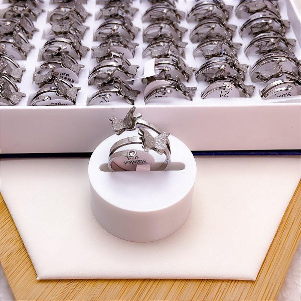 ANEL ACO INOXIDAVEL BORBOLETAS 3D DIAMANTADA - PRATEADO