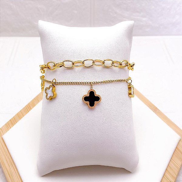 PULSEIRA DUPLA AÇO INOX DOURADA - TREVO PEROLADO E PRETO