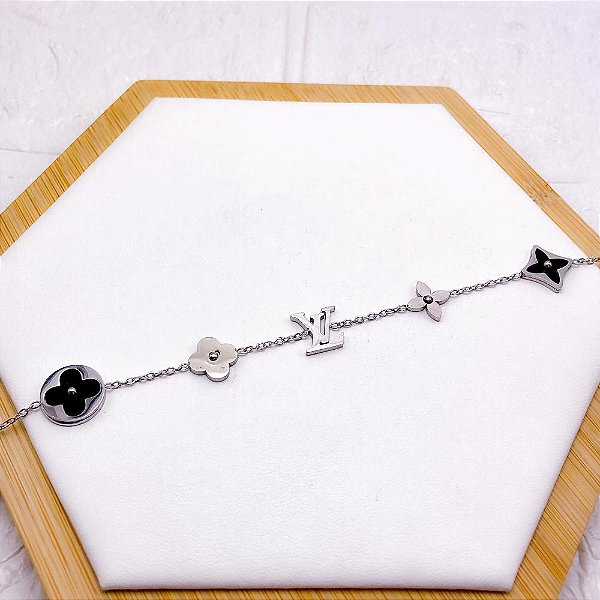 PULSEIRA AÇO INOX INSPIRE-SE TREVO PRETO  - PRATEADA