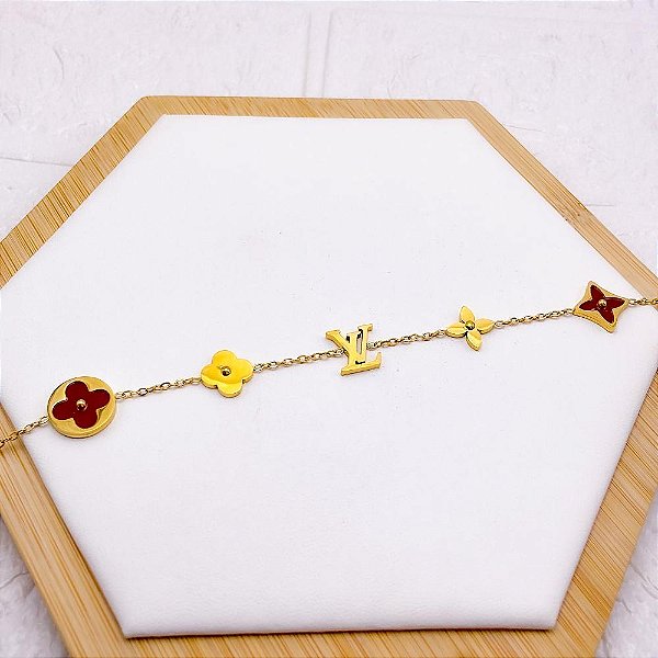 PULSEIRA AÇO INOX INSPIRE-SE TREVO VERMELHO  - DOURADA