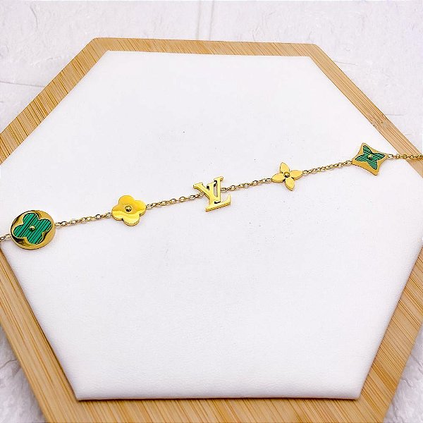 PULSEIRA AÇO INOX INSPIRE-SE TREVO VERDE  - DOURADA