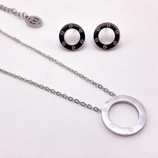 CONJUNTO COLAR  E BRINCO AÇO INOXIDÁVEL  INSPIRE-SE - PRATEADO