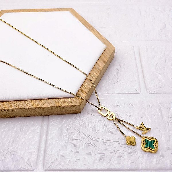 COLAR AÇO INOXIDÁVEL 45CM TREVO VERDE - DOURADO