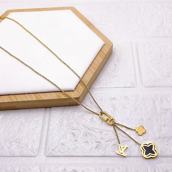 COLAR AÇO INOXIDÁVEL 45CM TREVO PRETO - DOURADO