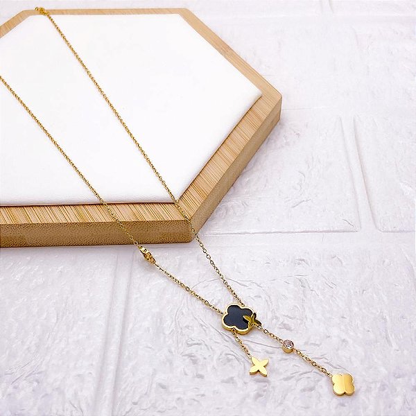 COLAR AÇO INOXIDÁVEL 45CM TREVO PRETO - DOURADO