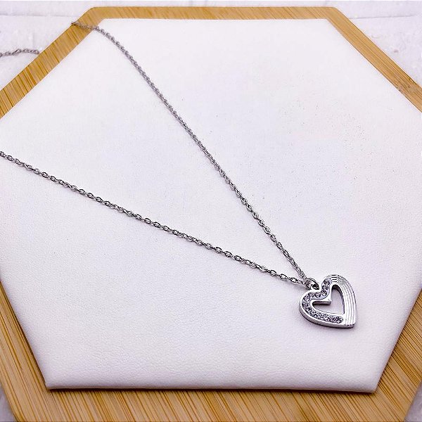 COLAR AÇO INOXIDÁVEL 45CM CORAÇÃO CRAVEJADO - DOURADO