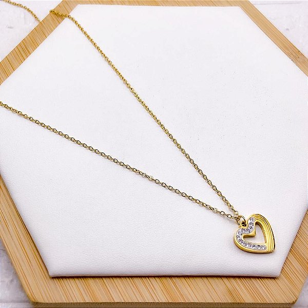 COLAR AÇO INOXIDÁVEL 45CM CORAÇÃO CRAVEJADO - DOURADO