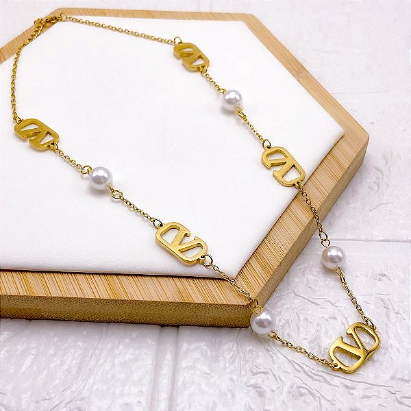 COLAR AÇO INOXIDÁVEL 45CM INSPIRE-SE COM PEROLA - DOURADO