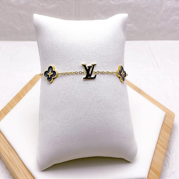 PULSEIRA AÇO INOX INSPIRE-SE TREVO PRETO  - DOURADA