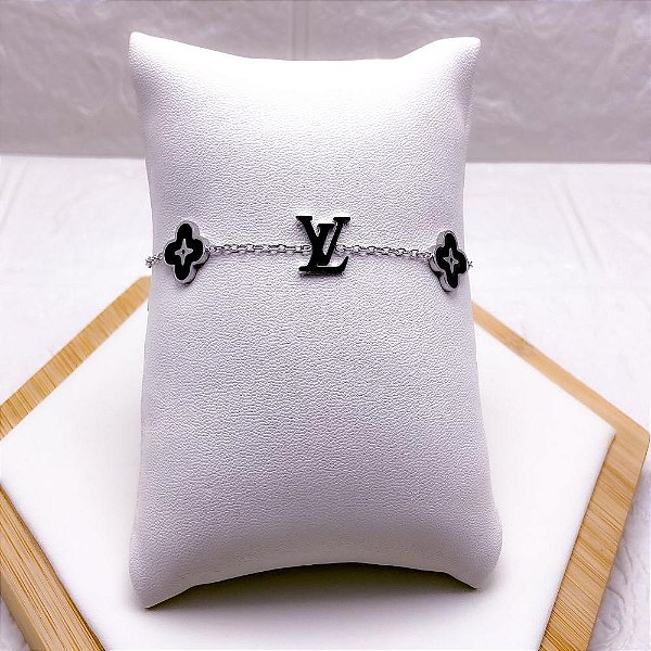 PULSEIRA AÇO INOX INSPIRE-SE TREVO PRETO  - PRATEADA