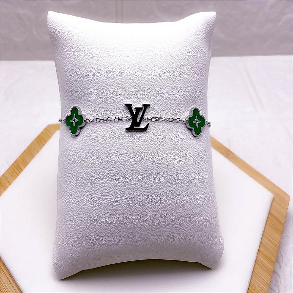 PULSEIRA AÇO INOX INSPIRE-SE TREVO VERDE  - PRATEADA