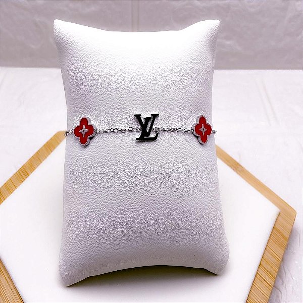 PULSEIRA AÇO INOX INSPIRE-SE TREVO VERMELHO  - PRATEADA