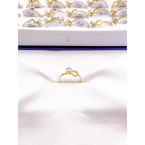 ANEL  AÇO INOXIDÁVEL CORAÇÃO PEDRA CRISTAL - DOURADO