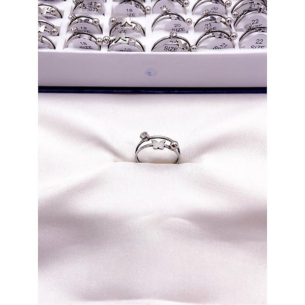 ANEL  AÇO INOXIDÁVEL 2 FIOS BORBOLETA E PEDRA CRISTAL - PRATEADO