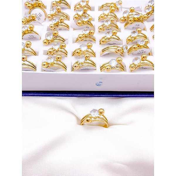 ANEL  AÇO INOXIDÁVEL 3 FIOS COM PEDRA CRISTAL - DOURADO