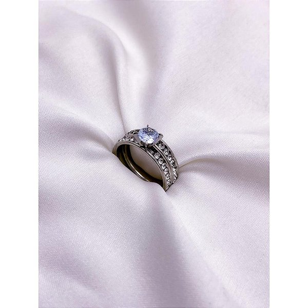 KIT ANEL  AÇO INOXIDÁVEL SOLITARIO E ALIANCA PEDRAS CRISTAL - PRATEADO