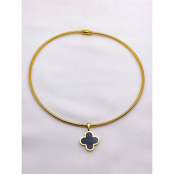 COLAR AÇO INOXIDÁVEL ARO SEMI RÍGIDO PINGENTE TREVO PRETO - DOURADO