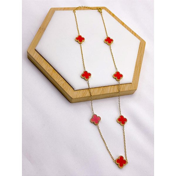COLAR AÇO INOX 50CM TREVO VERMELHO - DOURADO