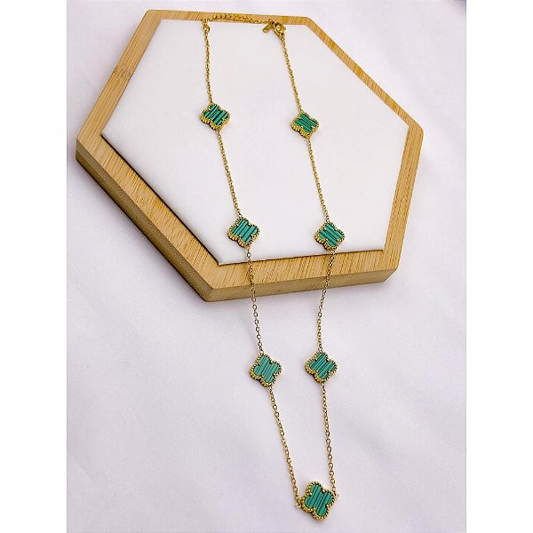 COLAR AÇO INOX 50CM TREVO VERDE - DOURADO