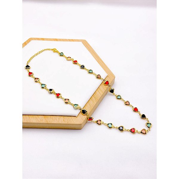 COLAR  AÇO INOXIDÁVEL 45CM CORAÇÃO COLORIDO - DOURADO