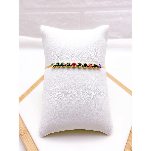 PULSEIRA  AÇO INOXIDÁVEL FITA PEDRAS COLORIDAS - DOURADA