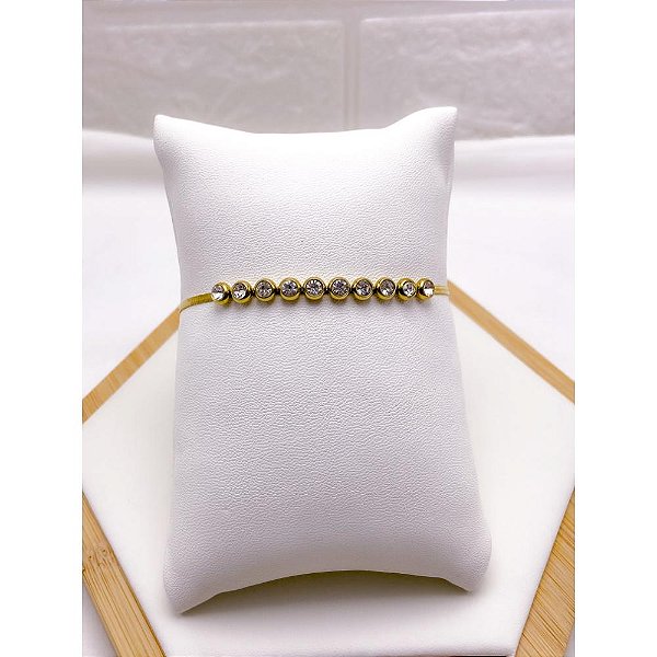 PULSEIRA  AÇO INOXIDÁVEL FITA PEDRA CRISTAL - DOURADA