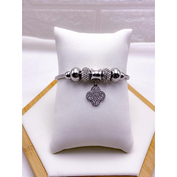 PULSEIRA  AÇO INOX ESTILO PANDORA BERLOQUE TREVO CRAVEJADO - PRATEADA