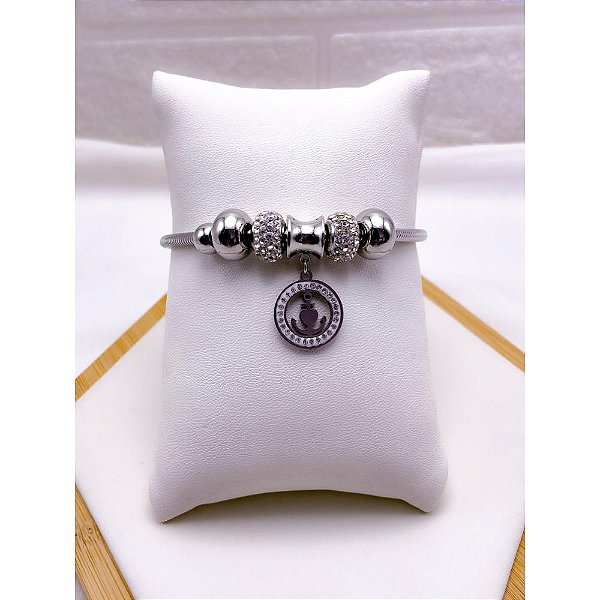 PULSEIRA  AÇO INOX ESTILO PANDORA BERLOQUE ÂNCORA CORAÇÃO CRAVEJADO - PRATEADA