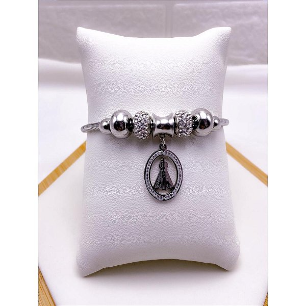 PULSEIRA  AÇO INOX ESTILO PANDORA BERLOQUE NOSSA SENHORA CRAVEJADO - PRATEADA