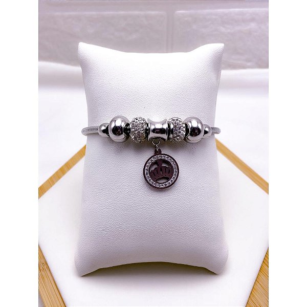 PULSEIRA  AÇO INOX ESTILO PANDORA BERLOQUE COROA CRAVEJADO - PRATEADA