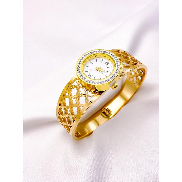 BRACELETE RELOGIO AÇO INOXIDÁVEL TREVOS CRAVEJADO STRASS - DOURADO