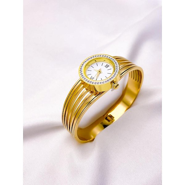 BRACELETE RELOGIO AÇO INOXIDÁVEL 5 FIOS CRAVEJADO STRASS - DOURADO