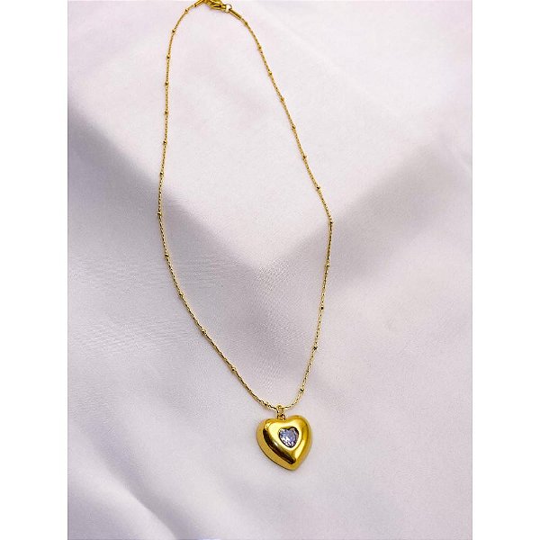 CM581D - COLAR AÇO INOX 45CM MINI BOLINHAS PINGENTE CORAÇÃO PEDRA CRISTAL - DOURADO